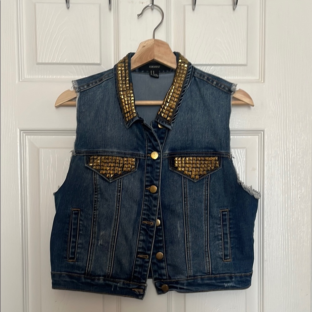 Forever 21 Blue Denim Vest with Gold Studs